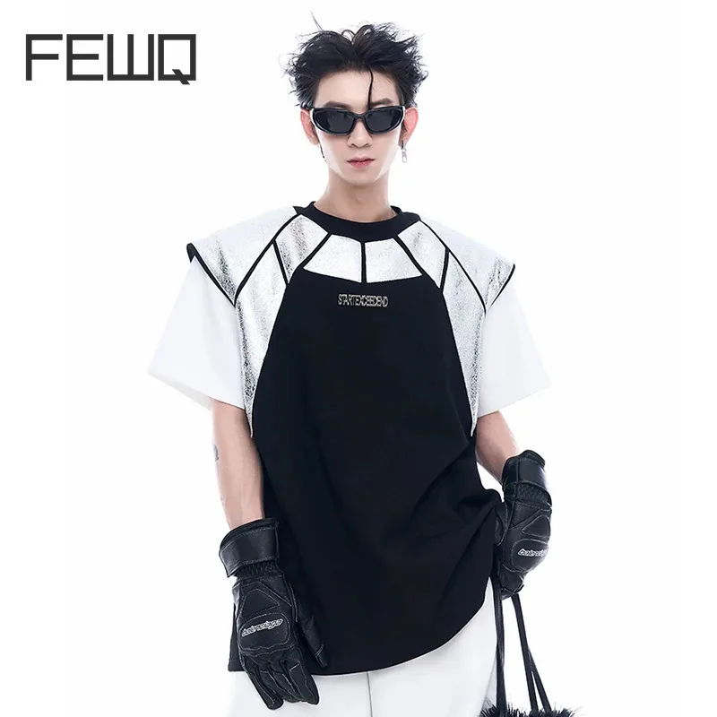 FEWQ Niche Patchwork PU Leather Design Shoulder Pad Short Sleeved Tshirt 2024 Contrast Color Male Tops New Fashion 24E1328