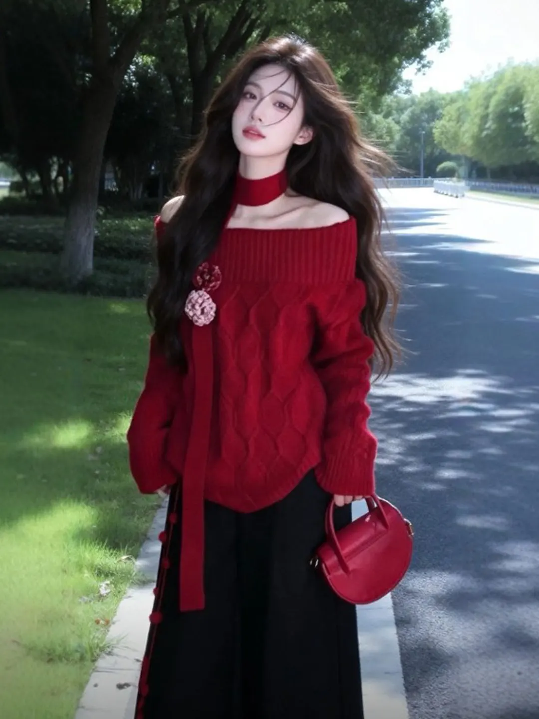 

Retro Lazy Sle Red Sweater And Casual Pants Two-Piece Set Youthful Spring Collection Comfortable Cotton Blend High Waist