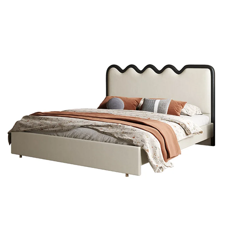 Cream wind leather ripple 1.8 meters bed master bedroom double modern simple leather soft bag bed