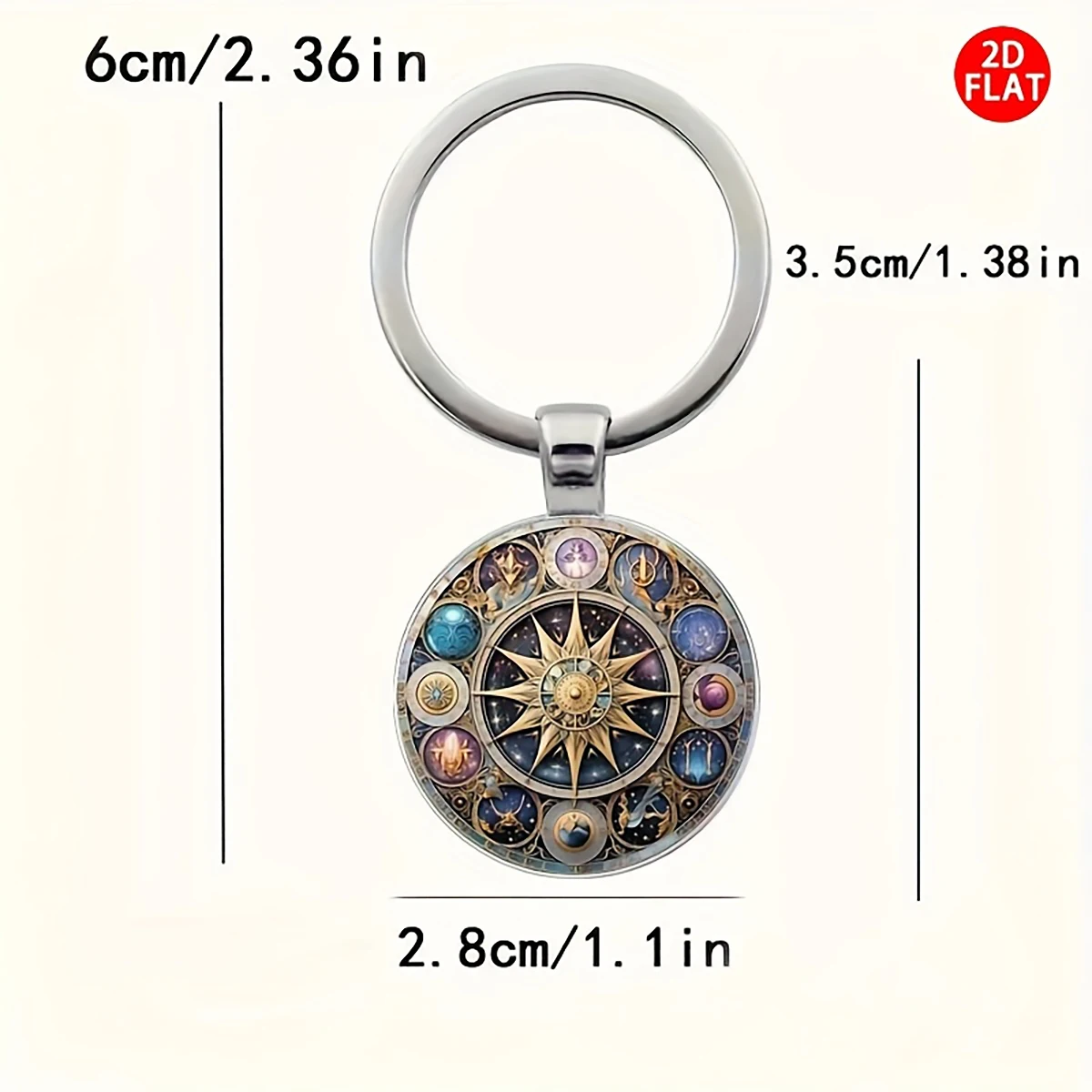 Retro-Himmlischer Schlüsselanhänger. Sonne, Mond & Sterne mit Tierkreiszeichen. Metallische Oberfläche. Unisex-Geschenk für Feiertage & Jahrestage. – Detail 2