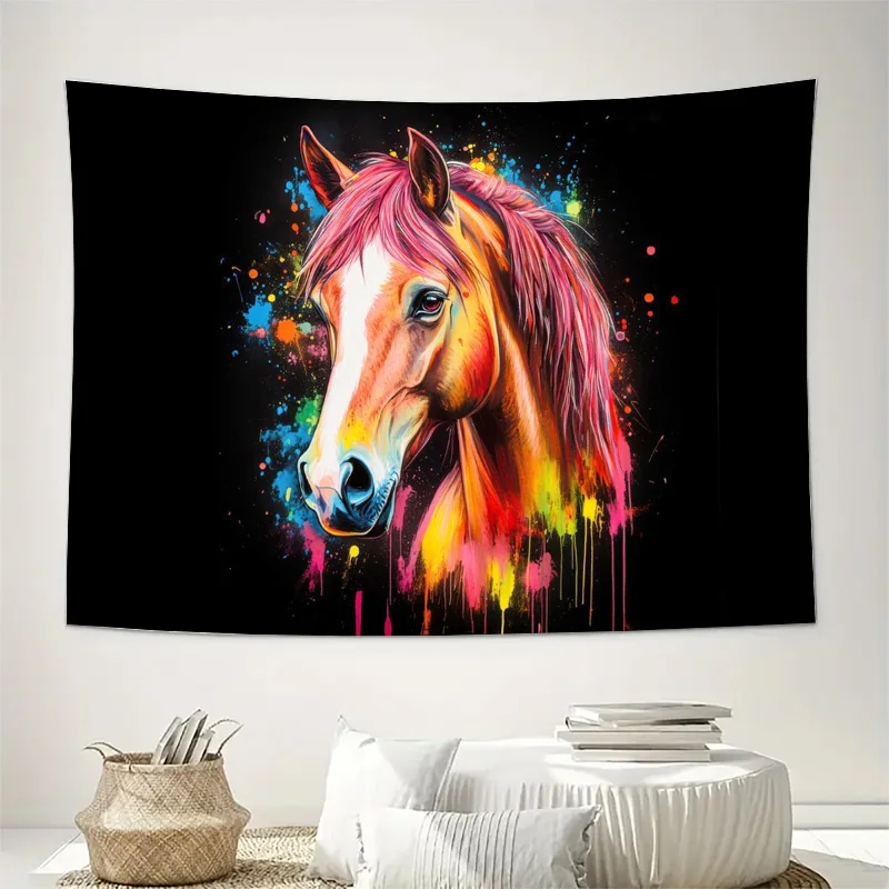 Vibrant Pop Art Horse Head Tapestry Wall Hanging Graffiti Style Equestrian Animal Art Canvas Print for Modern Home Decor Living