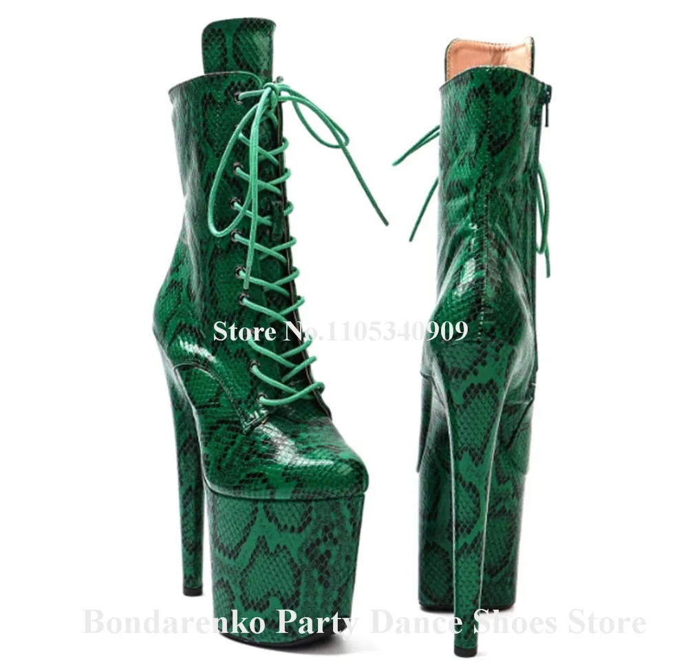 Sexy Green Red Snakeskin Pattern Leather Stiletto Heel Short Boots Round Toe Lace-up High Platform 20cm Thin Heel Party Shoes