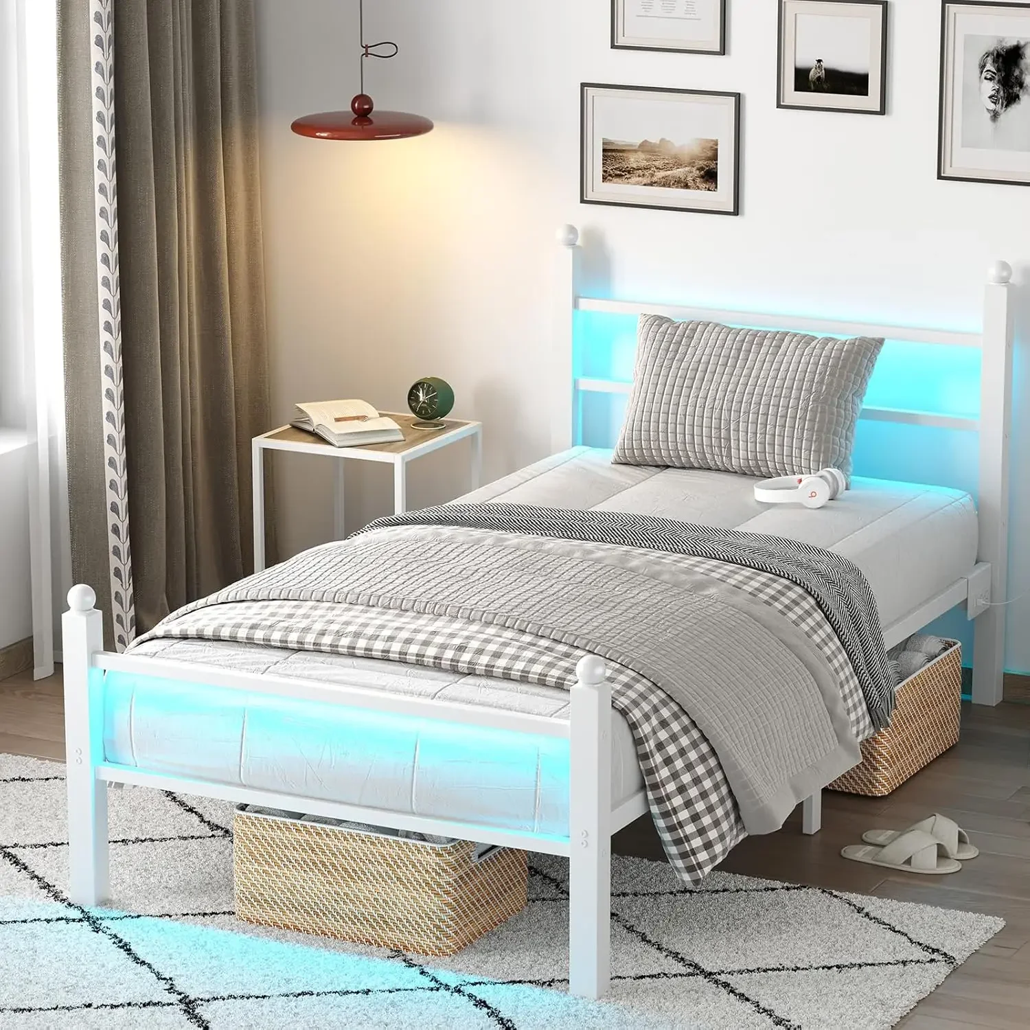 Twin Bed Frame with Headboard and ,Heavy Duty Steel Slats Support Metal Bed Frame with Charging Station,White