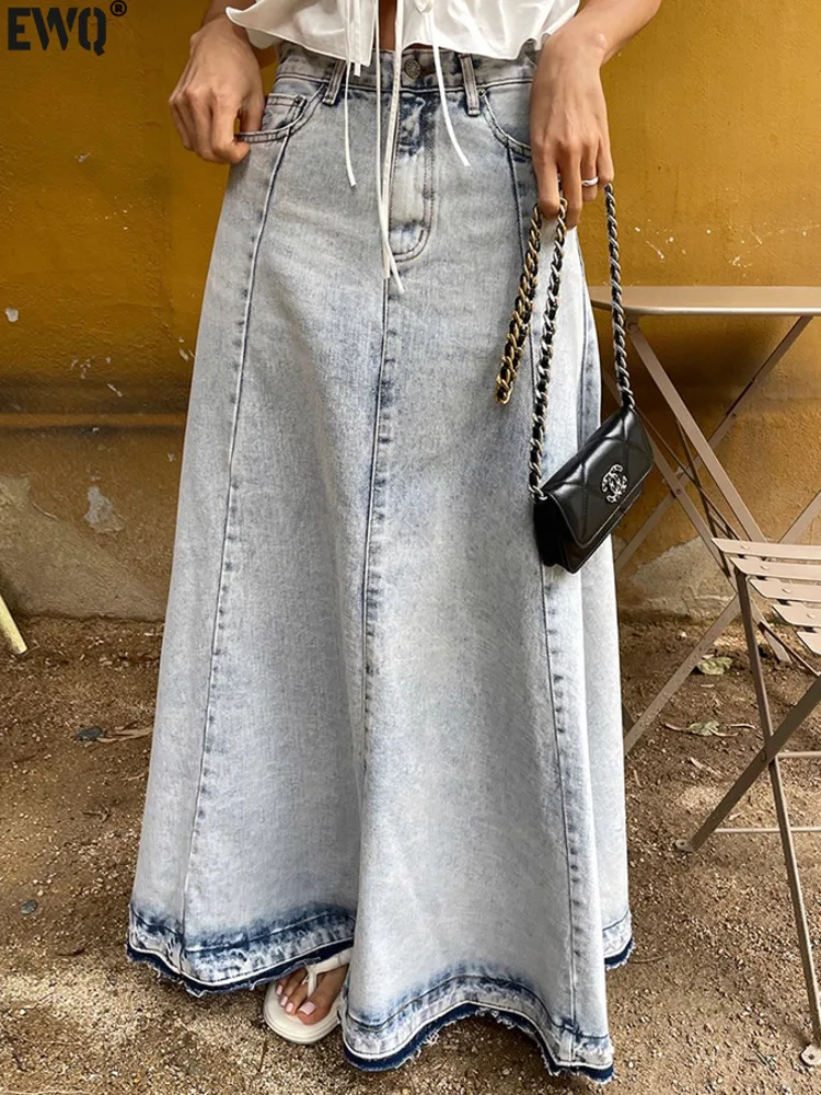 

[EWQ] Retro Vintage High Waist A-line Denim Skirts Slim Long Skirt Beautiful Women's Clothing 2024 Autumn New Fashion 16O1151