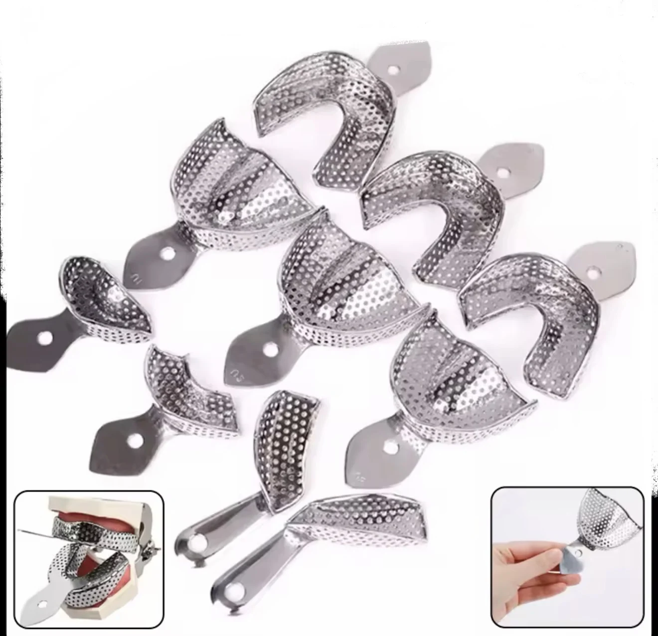 2pcs Dental Stainless Steel Impression Tray Dental Metal Trays with Holes for Upper and Lower Teeth Holder  Dental Tools