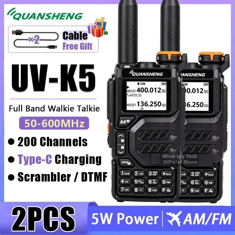2PCS Quansheng UV-K5 Walkie Talkie AM FM 50-600MHz Full Band Type-C Charging Scrambler DTMF Wireless Frequency Copy 200CH Radio