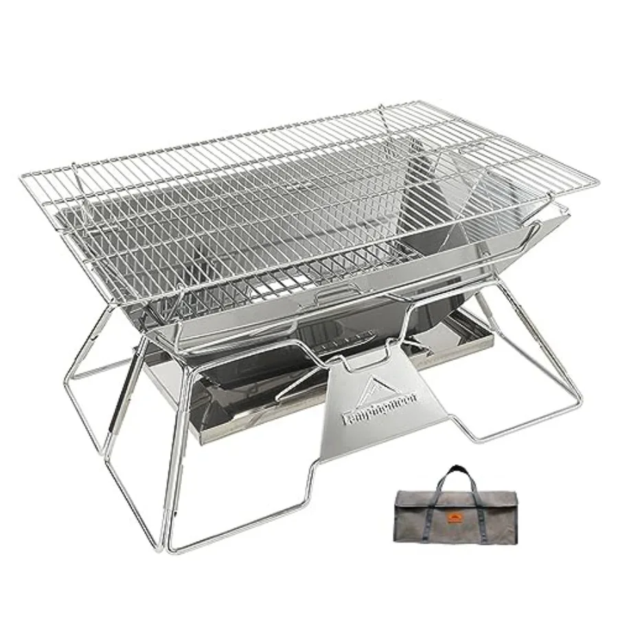 

Outdoor camping fire pit and BBQ grill: stainless steel, black, foldable/collapsible for portability and heavy-duty cooking