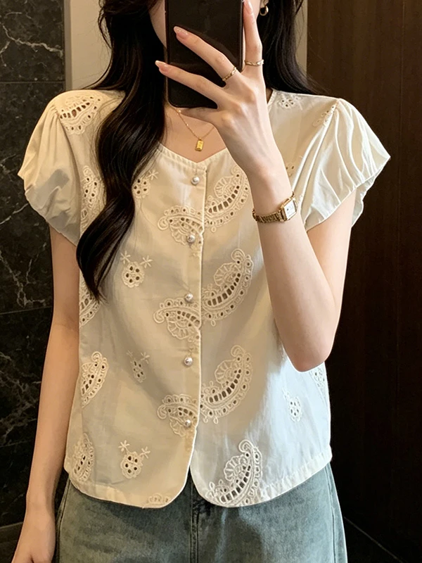 

Summer New Sweet Soft Style Embroidered Shirt Women's Loose Meat Covering Slimming Top Breathable Skin-Friendly Short Sleeve ...