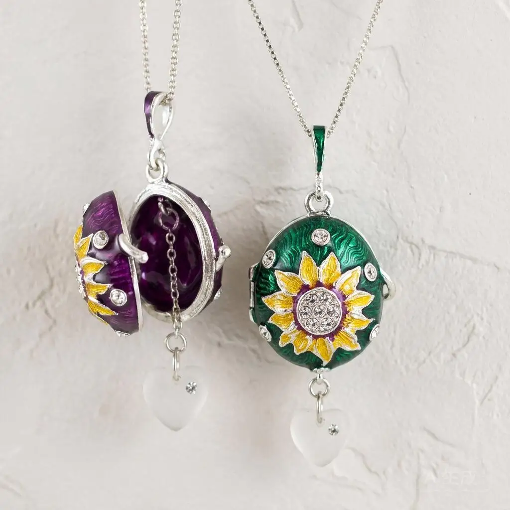Enamel Sunflower Openable Egg Locket Necklace Hidden Heart Charm Rhinestone Copper Chain Jewelry Gift For Women Daily Party Wear