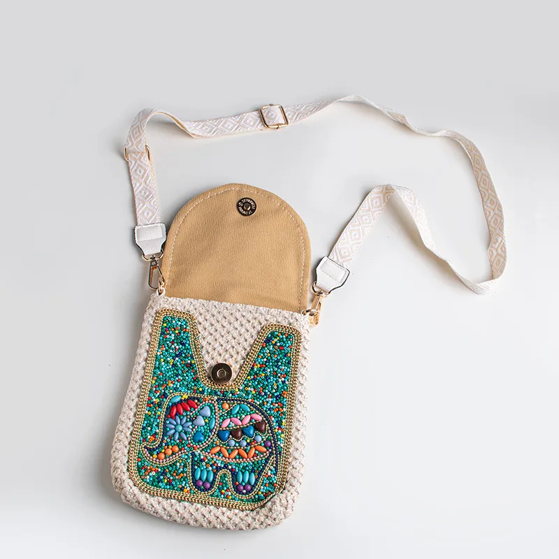 Bohemian-style bag, bead and turquoise straw woven bag, vacation portable cell phone bag, yunnan national style crossbody bag.