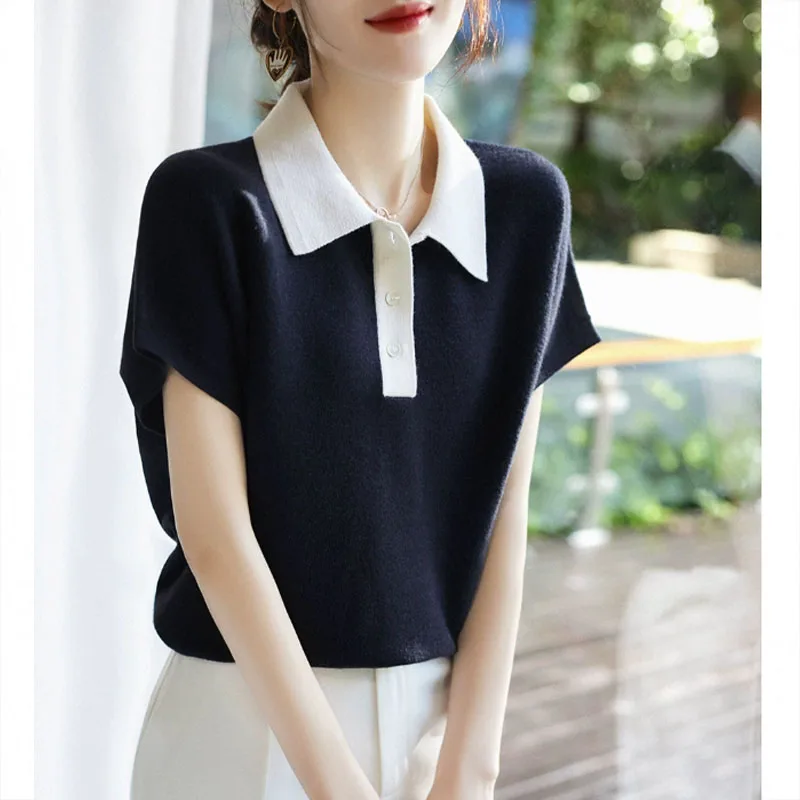 

Women's Clothing Patchwork Thin Style Polo Button T-shirt Summer Casual Knit Short Sleeve Tee Lady Turn-down Collar Pullover Top