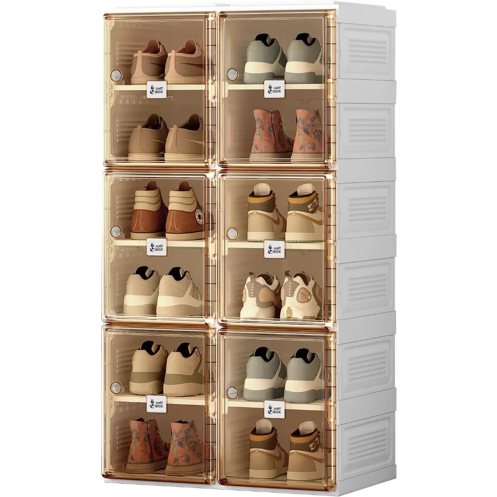 Shoe Storage Box, Portable Folding Shoe Rack with Magnetic Transparent Door, 6-story 12 Grid Large Sports Shoe Cabinet