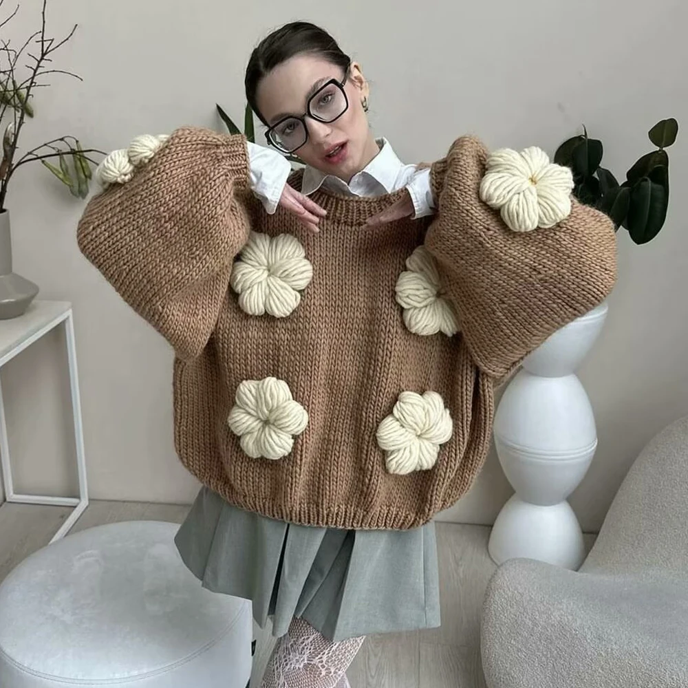 2024 Autumn And Winter Women's Sweater Handmade Flower Decoration Cute Knitted Sweater Loose Long Sleeve O-Neck Pullover Top