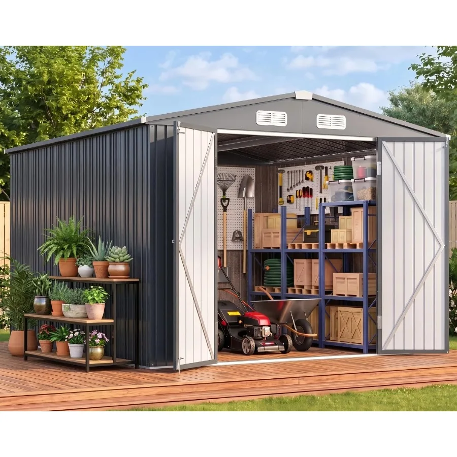 Outdoor storage shed for tools and equipment, metal heavy-duty construction, grey color, weather-resistant and durable