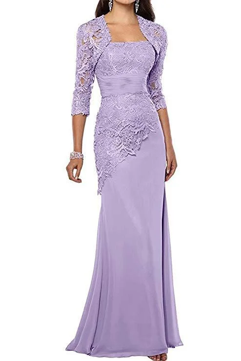 New Chiffon Lace Mother of the Bride Dresses with Jacket Applique Three Quarter Long Sleeves Mermaid Mother's Evening Gowns 2021