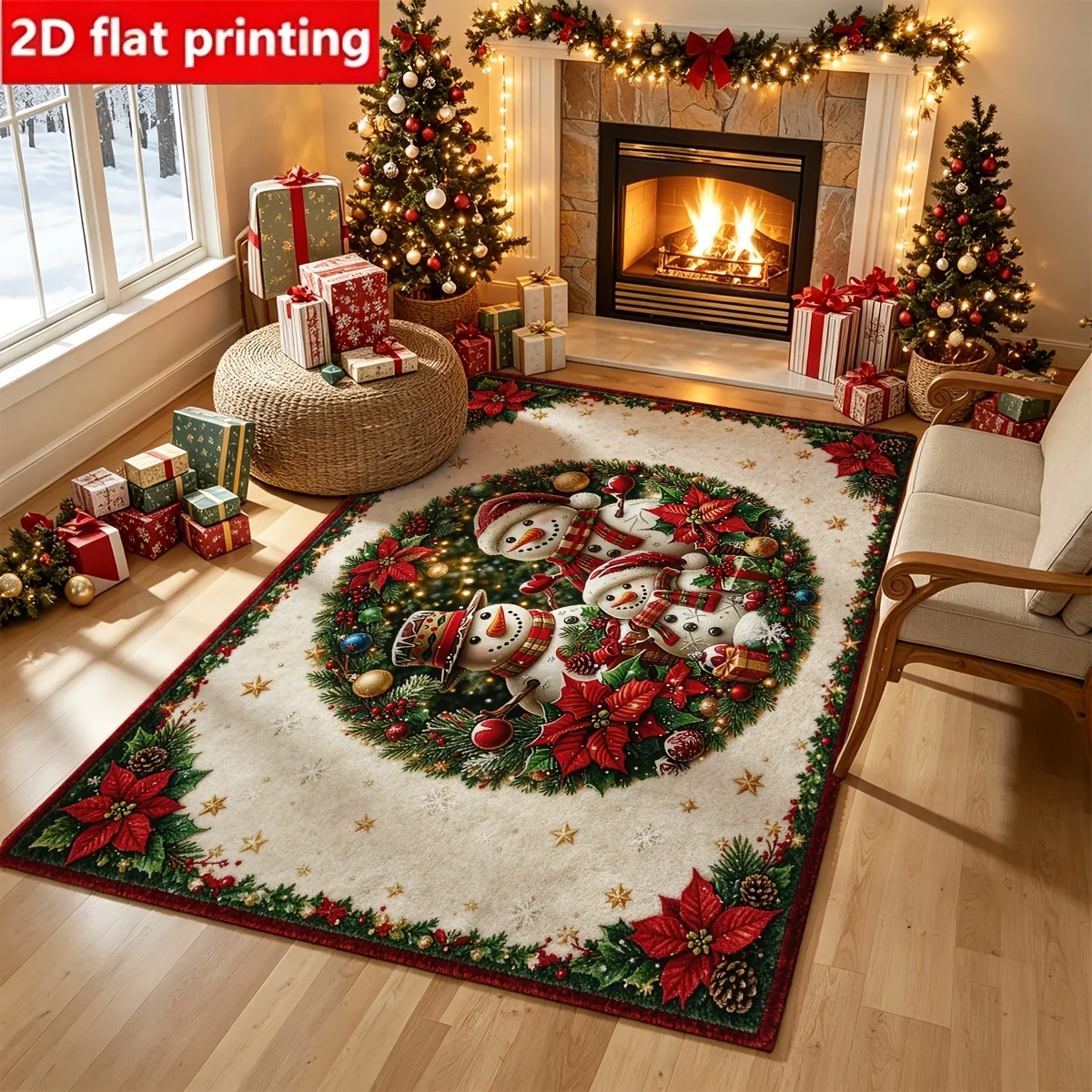 1pc 2D Flat Snowman Family Poinsettia Christmas Printed Floor Mat, Decorative Rug for Living Room, Bedroom, Home