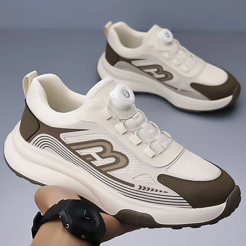 Men 2026 Summer Breathable Mesh Button Sneakers Thick Sole Dad Shoes Versatile Lightweight Travel New