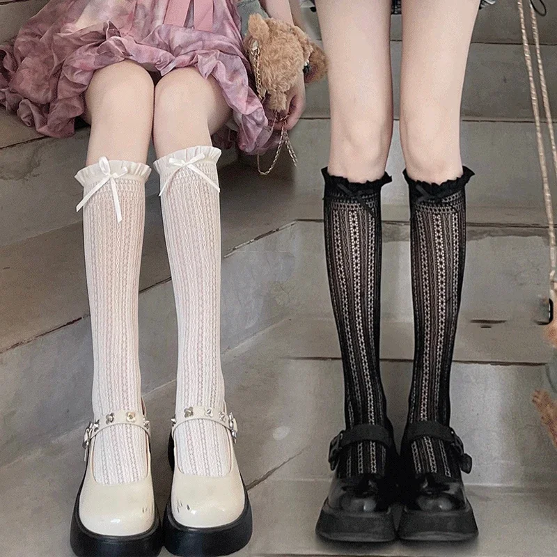 Vintage Ruche Vrouwen Kousen Ballet Lange Sokken Lolita Stijl Kanten Knie Hoge Sok Lieve Meisjes Schattige Strik Dij Hoge Kous Geschenken