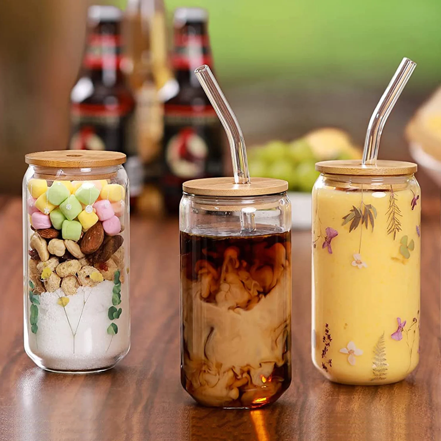 Glass Cup With Straw and Bamboo Lid Transparent Bubble Tea Cup Cold Drinking Glasses Iced Coffee Mug Beer Can Juice Milk Cup