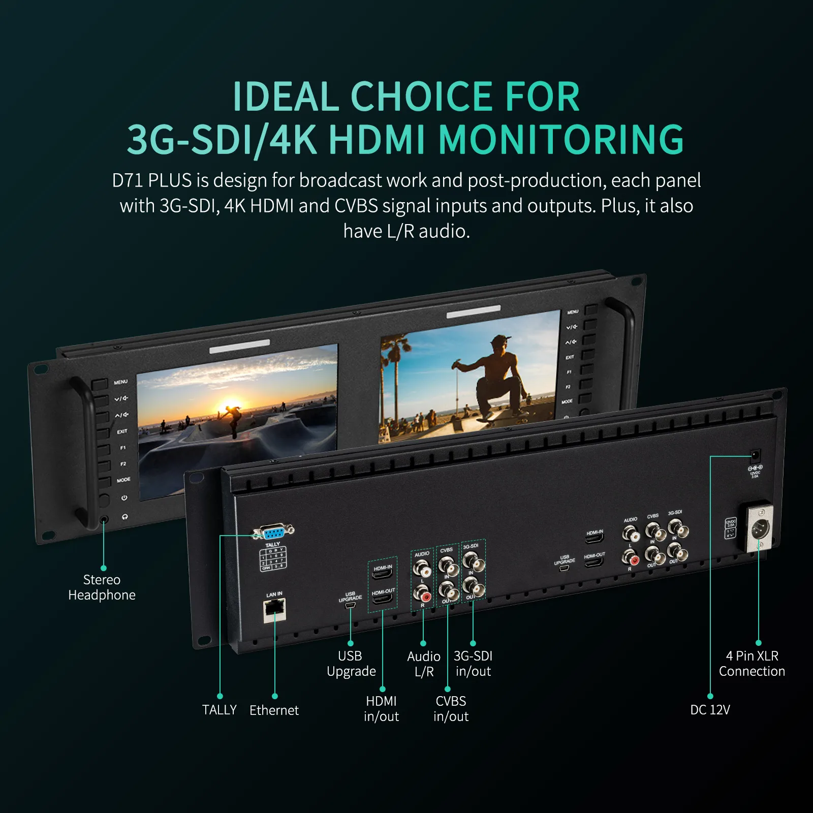 شاشة FEELWORLD D71 PLUS مزدوجة 7 بوصة 3RU SDI HDMI مثبتة على الرف IPS Full HD 1920x1200 مع جهاز تحكم عن بعد ثلاثي الأبعاد على الموجي