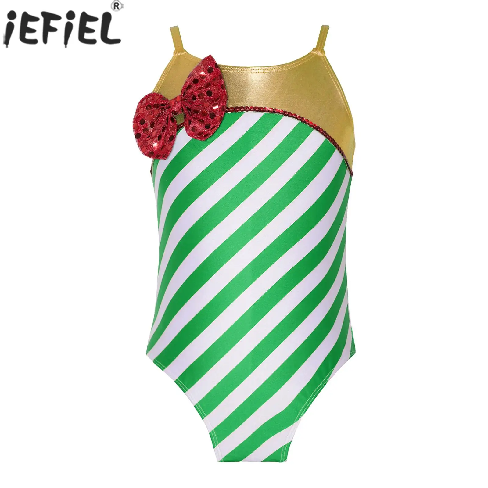 Kids Girls Christmas Candy Cane Costume Sleeveless Striped Bow Leotard Ballet Dance Figure Skating Gymnastics Yoga Bodysuit