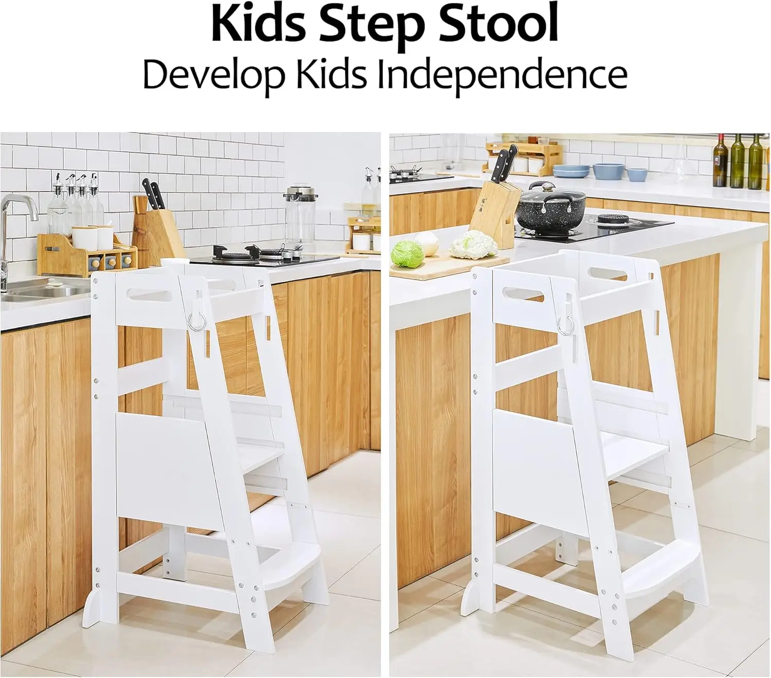 Bamboo Toddler Kitchen Step Stool White Helper Standing Tower Height Adjustable with Anti-Slip Protection for Kids Kitche