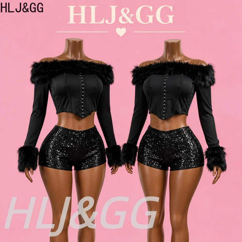 HLJ&GG Women's Y2K Faux Fur 2 Piece Set Off Shoulder Crop Top Sequin Shorts Long Sleeve Sexy Clubwear Night Out Party Outfits