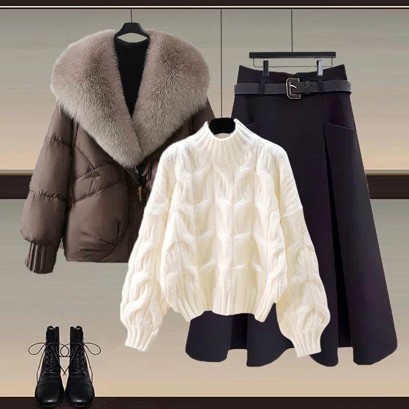 Faionable Winter T-Piece Set Maglione da donna Gonna snellente ingombrante in vita con ampio collo in pelliccia Sensazione di fascia alta