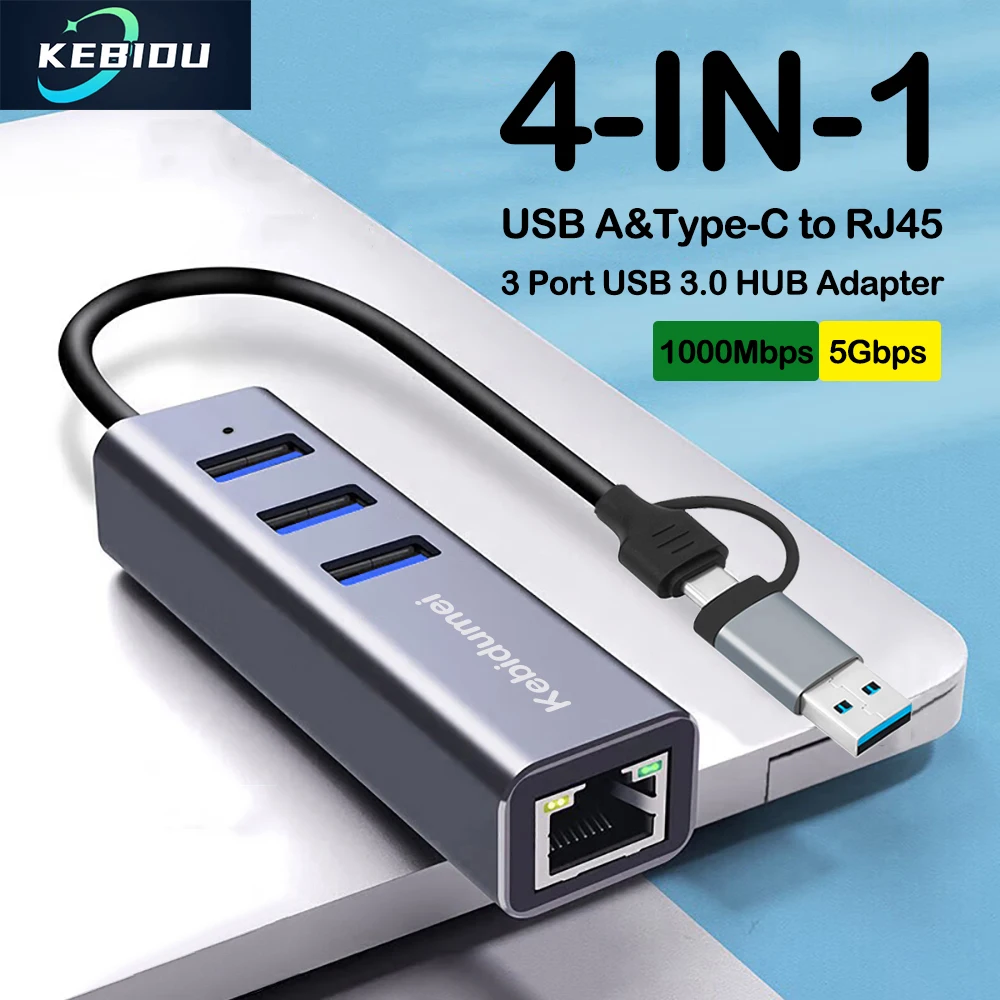 

USB/USB-C 1000Mbps Ethernet Lan Adapter 3 port USB3.0 Hub Docking Station Type C USB to RJ45 Gigabit Network Card For MacBook PC