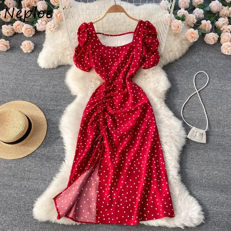 Neploe Square Collar Polka Dot Dresses for Women Short Puff Sleeve Sweet Girl's Clothing 2024 New Fashion A-line Vestidos Mujer