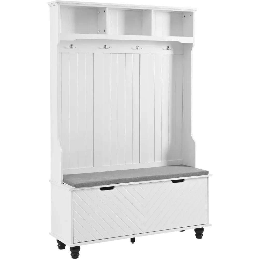 Hall Tree with Storage Bench & Coat Rack, Entryway Bench with Cushion & Shoe Cabinet, Coat Hanger with 4 Hooks & Shelves, White