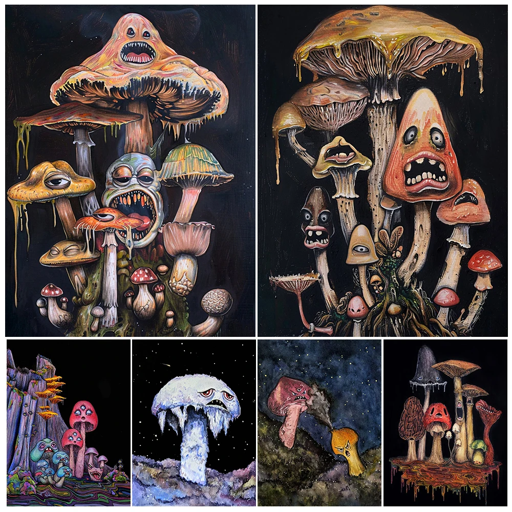 Creepy Psychedelic Fungus Mushroom,Abstract Wall Art Canvas Painting,Fantasy Plants Art Poster And Print Home Decor Unframed