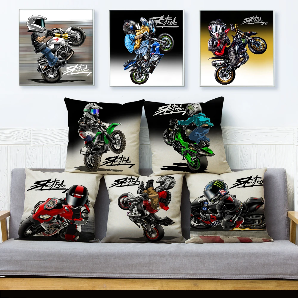 Sport Motorcycle Cushion Cover for Sofa Home Car Decor Colorful Cartoon Extreme Mobile Bike Pillowcase 45x45cm Pillow Case