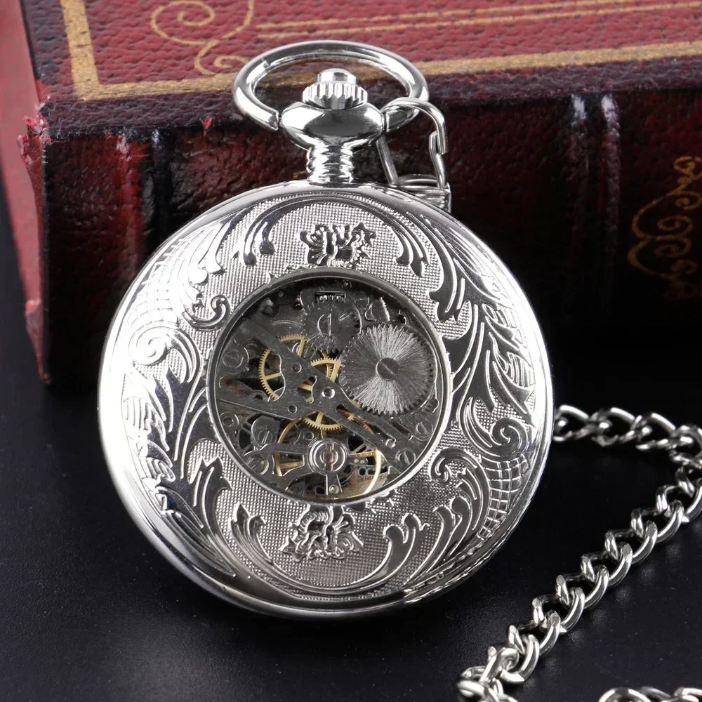 Luxury Silver Mechanical Hand Wind Antique Pocket Watch Exquisite Blue Roman Numerals Display Skeleton Pendant Clock Gifts