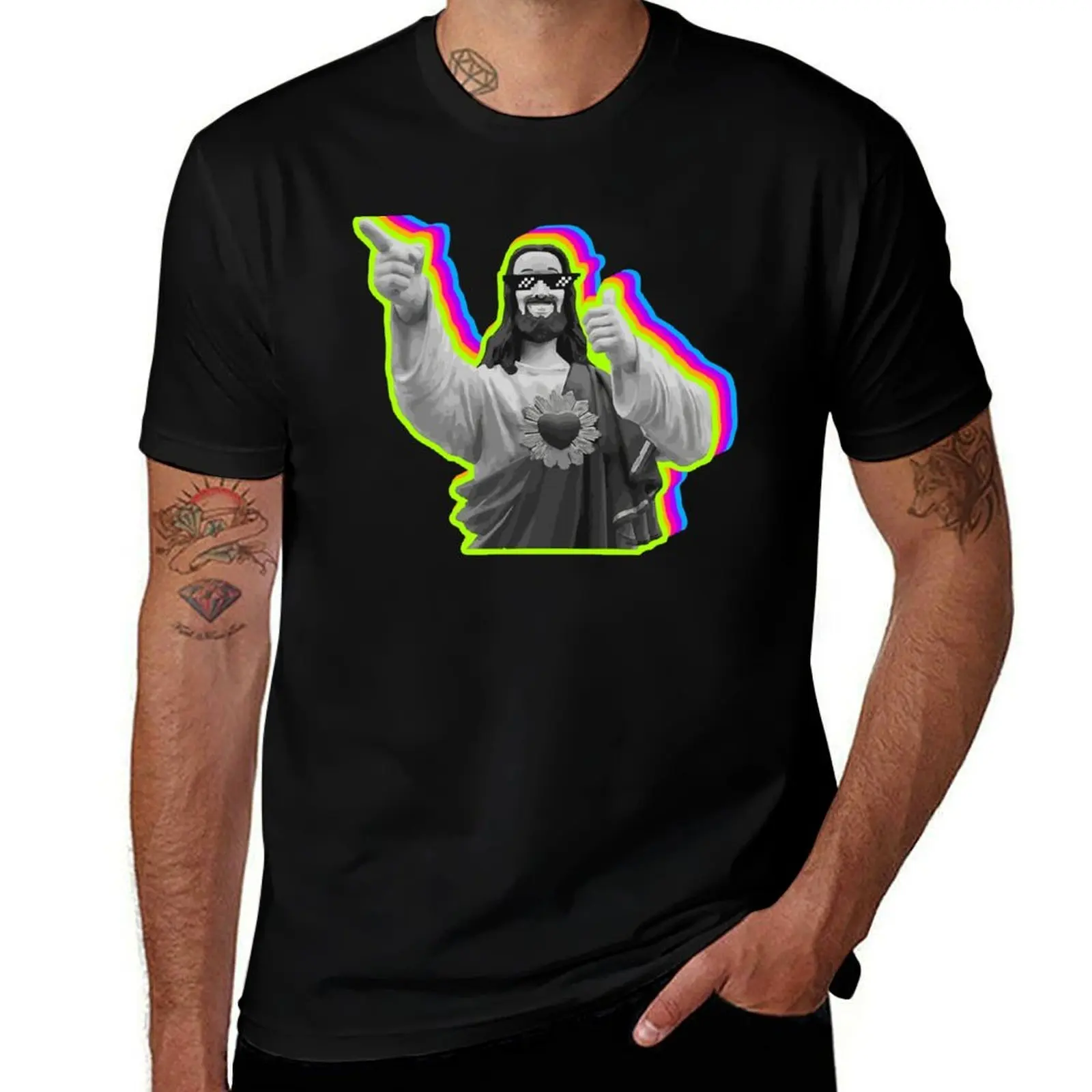 Buddy Jesus Neon Pixel Sun Glasses T-Shirt Regular Fit Plain Tee Shirt