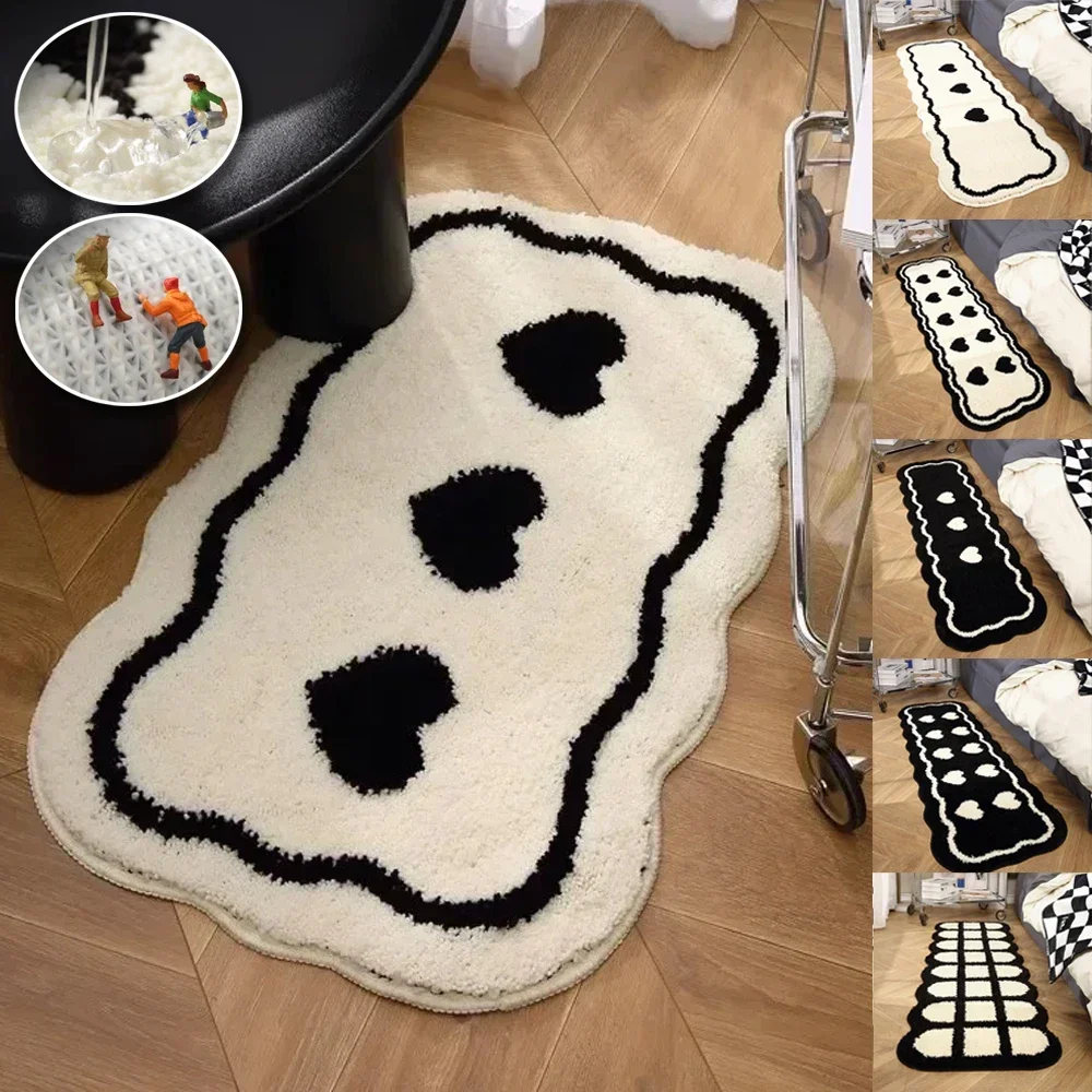 1PC Heart Black & White Rug Door Tuftting Mat Soft Thick Fluffy Tuftted Door Floor Carpet Bathroom Absorbent Toilet Kitchen Rug