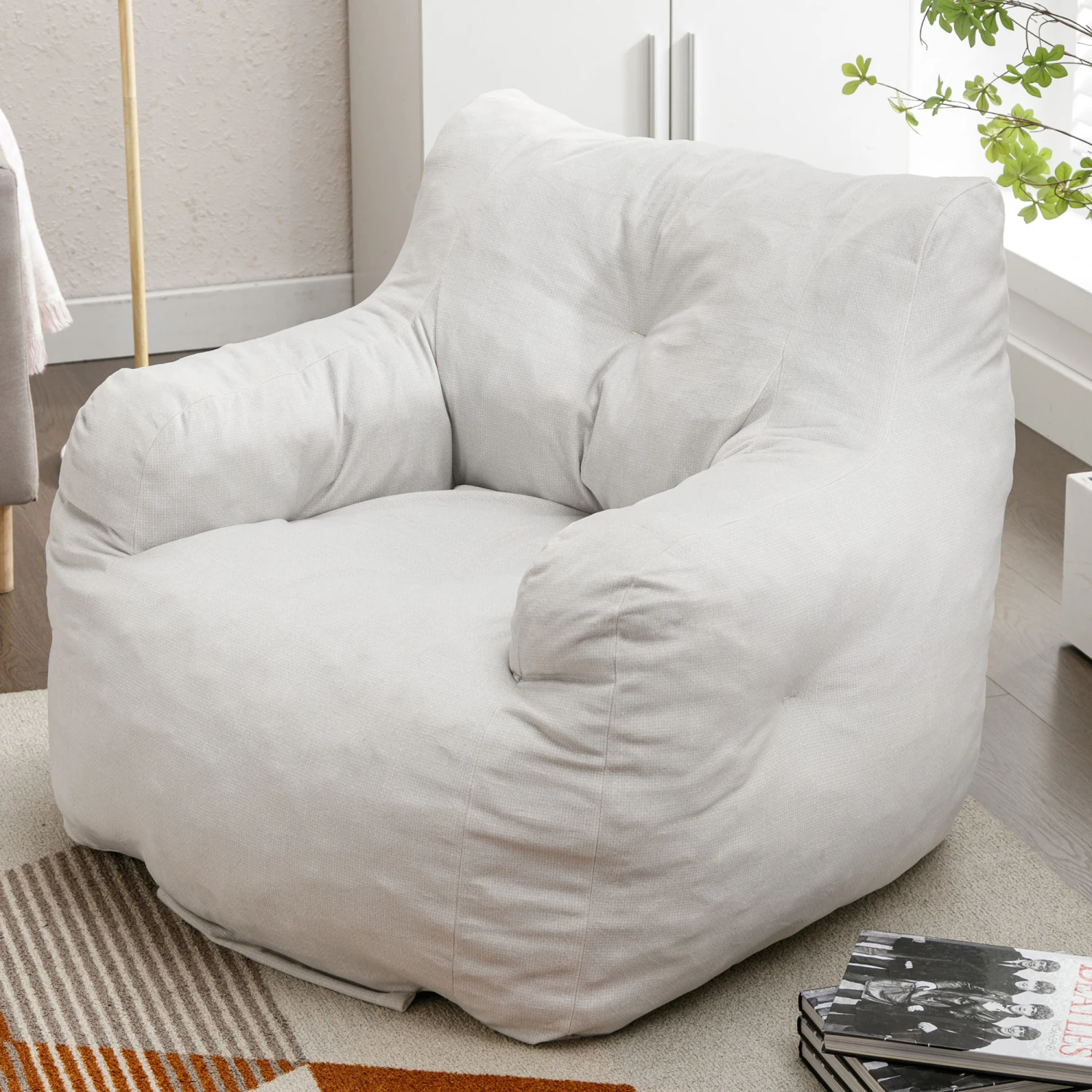 

010-Soft Velvet Fabric Bean Bag Chair Filled With Memory Sponge,Ivory