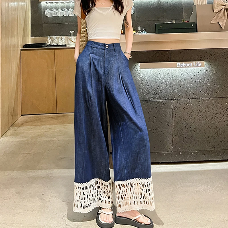 Dames zomer losse rechte broek met hoge taille en holle kanten stiksels ontwerp