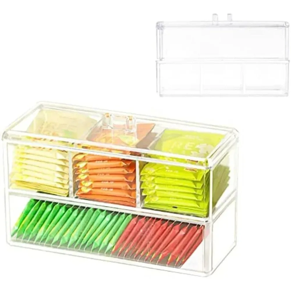 

2 Stackable Tea Bag Organizer with Lid,Acrylic Tea Container Storage Box,Holder for Tea Bags,Packets,Small Items,BPA free Clear