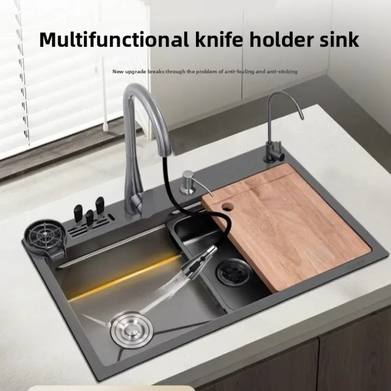 Stainless Steel Kitchen Sink Single Bowl with Knife Rack Right Left Drain High Thickness Wash Basin USA EU Market Kitchen Sink