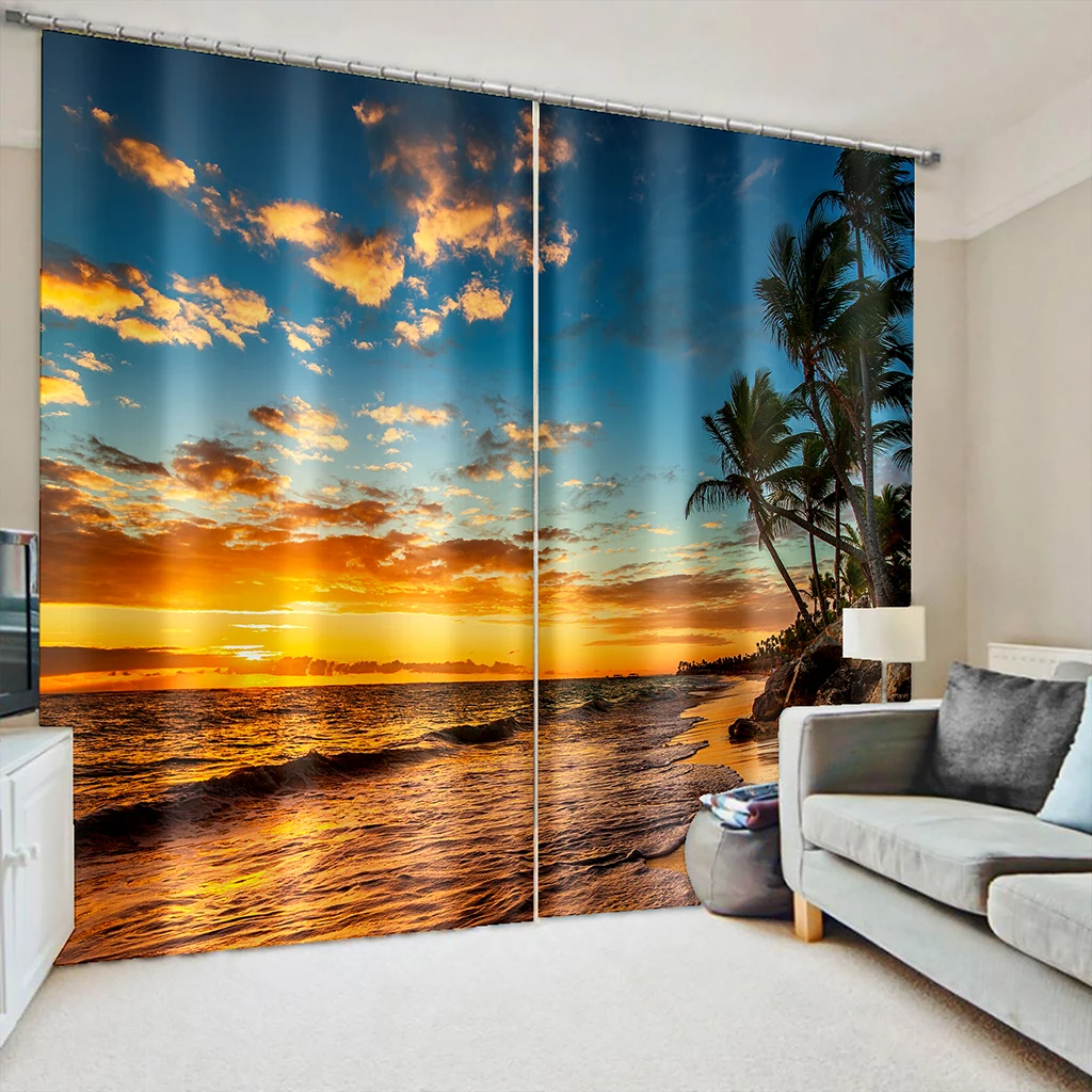 

Nature Senery Tree Beach Sea Sunset Ocean Sky Window Curtains Binds for Kids Bedroom Living Room Kitchen Door Home Decor2Pcs