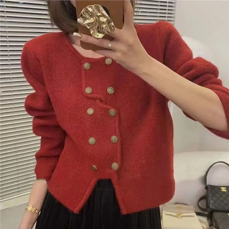 

Модный длинный вязаный кардиган-свитер с перекрестным узором, синий, класса люкс, осенне-зимняя новинка, женский, открытое плетение