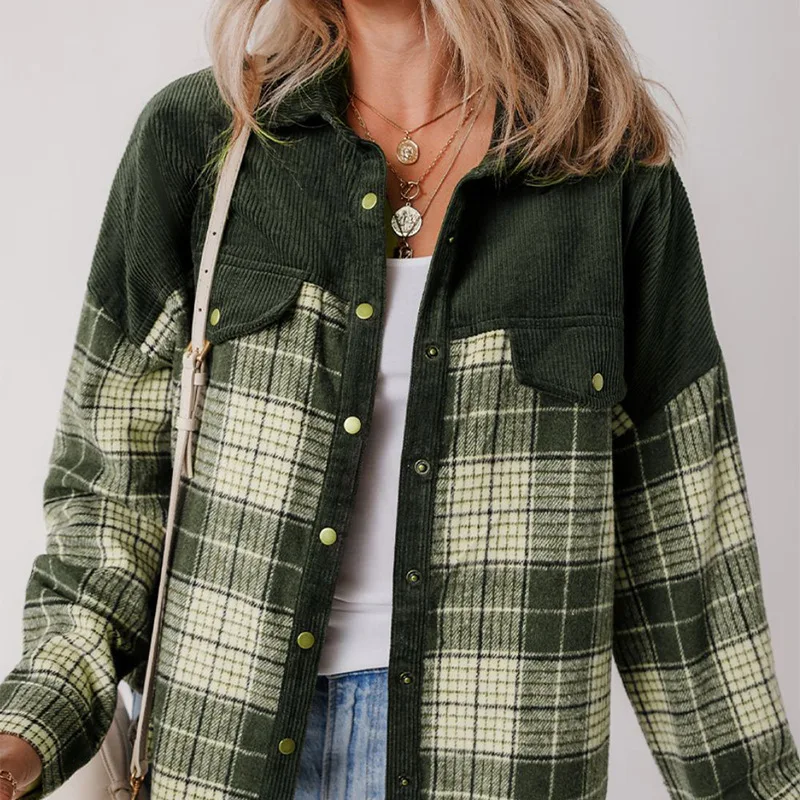 Plaid Contrast Color Corduroy Jacket 2025 Autumn and Winter Long Sleeve Tops for Women