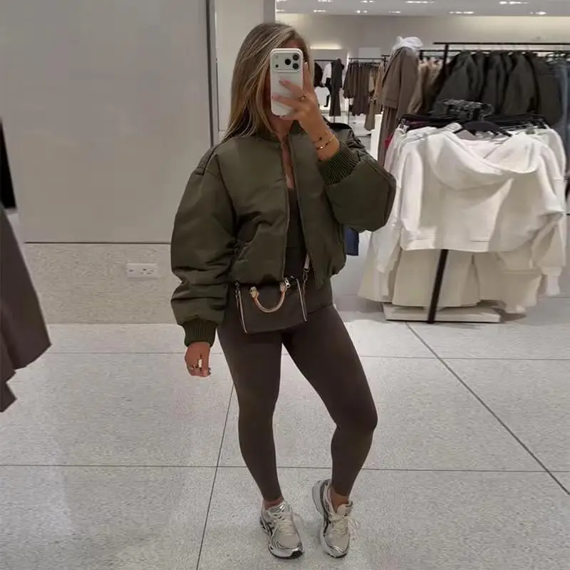 Women's Flight Coats Winter New Lantern Sleeve Zipper Cropped Bamber Jackets Female Solid Loose Chic Lady Short Coats Outerwears
