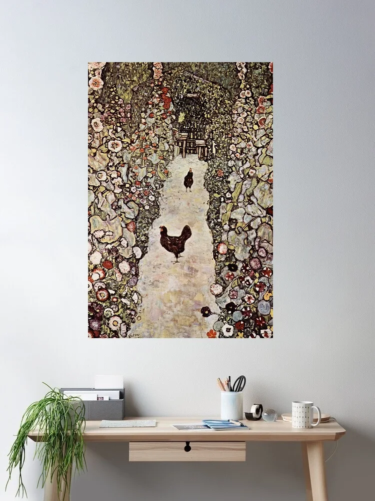 Gustav Klimt Garden Path with Chickens Symbolist Art Nouveau , Art Picture Print Canvas Poster Home Wall Decor