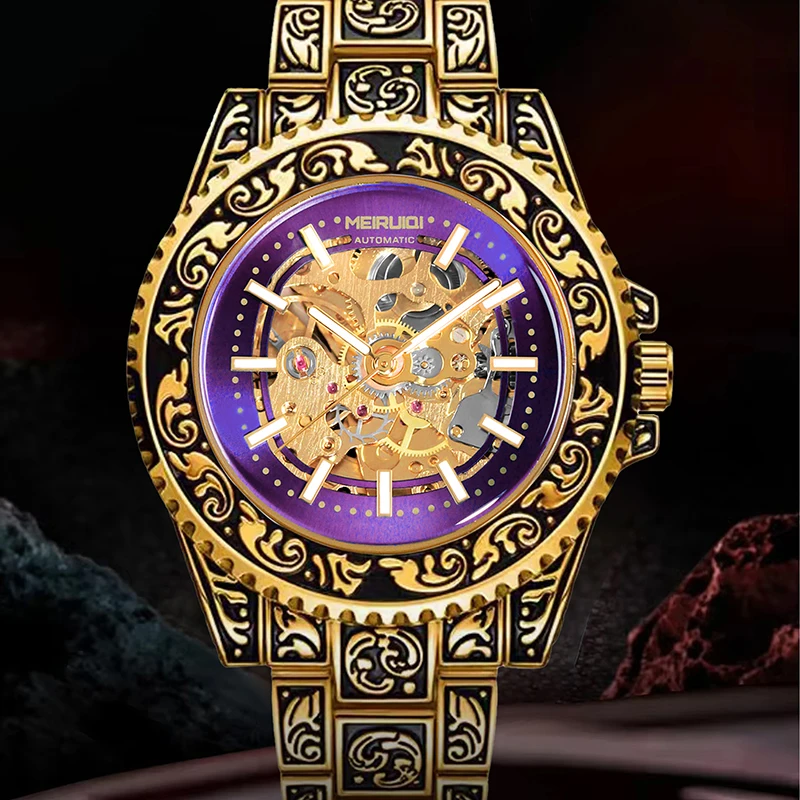 

Мужские желто-фиолетовые уличные часы в стиле руффи, полностью автоматические, с турбийоном, механические, с резным декором