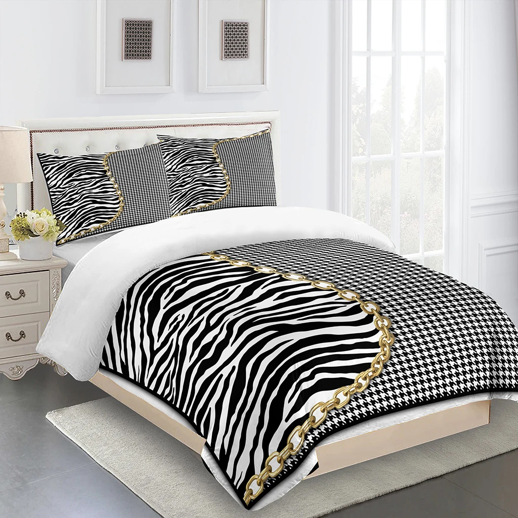 

3PcLuxury Zebra-stripe Metal Chain King Queen Full Size Duvet&Quilt Cover Pillow Case Bedding Linen Set Bedspread200x200 240x220