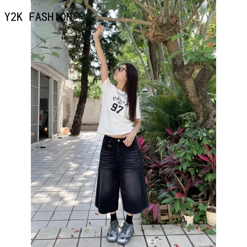 Vintage High Waist Black Retro Washed Denim Shorts Women's Fashion Casual Loose Fit Y2K Streetwear Mid Long Short