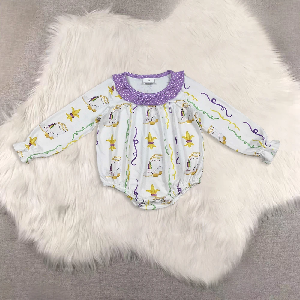 

Baby Girls Purple Polka Dots Mardi Gras Anchors Romper with Ruffle Stripe Boots Infant Outfit for Special Occasions