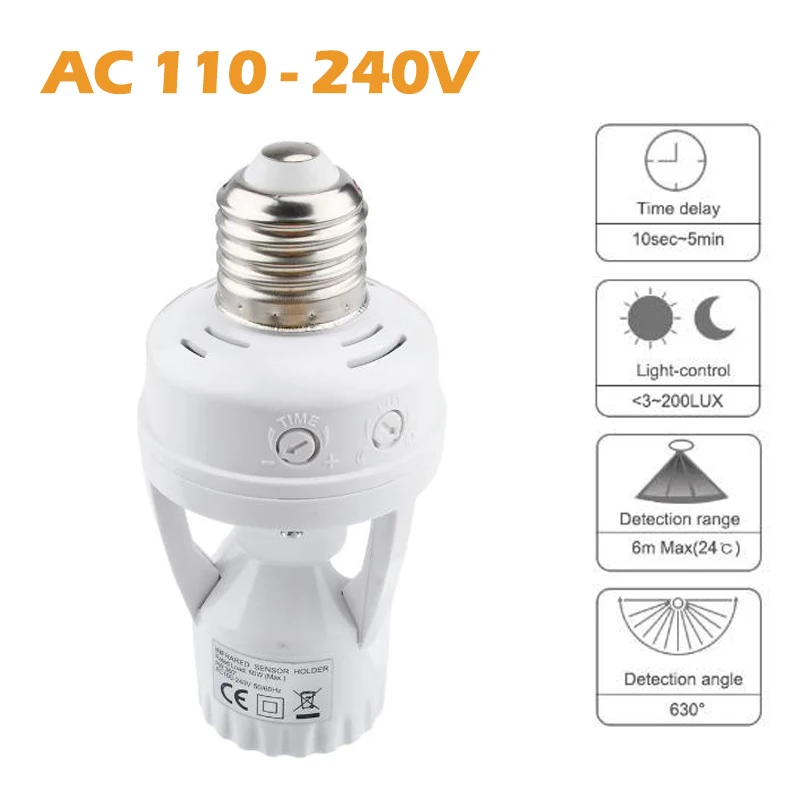 VzzUoo 360 Degrees PIR Human Induction Motion Sensor LED Night Lamp Socket Base E27 AC 110V-240V Delay Time Adjustable Switch